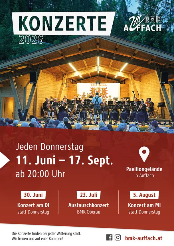Plakat der BMK Auffach Platzkonzerte 2026